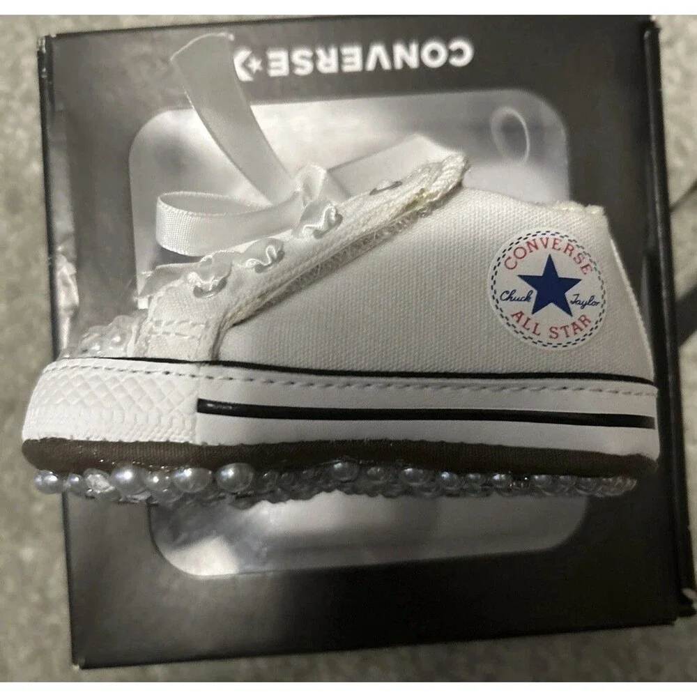 Converse Cribster Mid Size 2 Crib Custom Pearl Rhinestone Baby White Shoes
